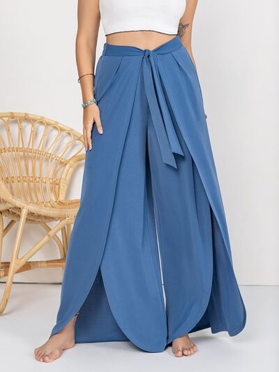 Plus Size Tied Slit Wide Leg Pants - Pahabu - Women's Clothing & Shop