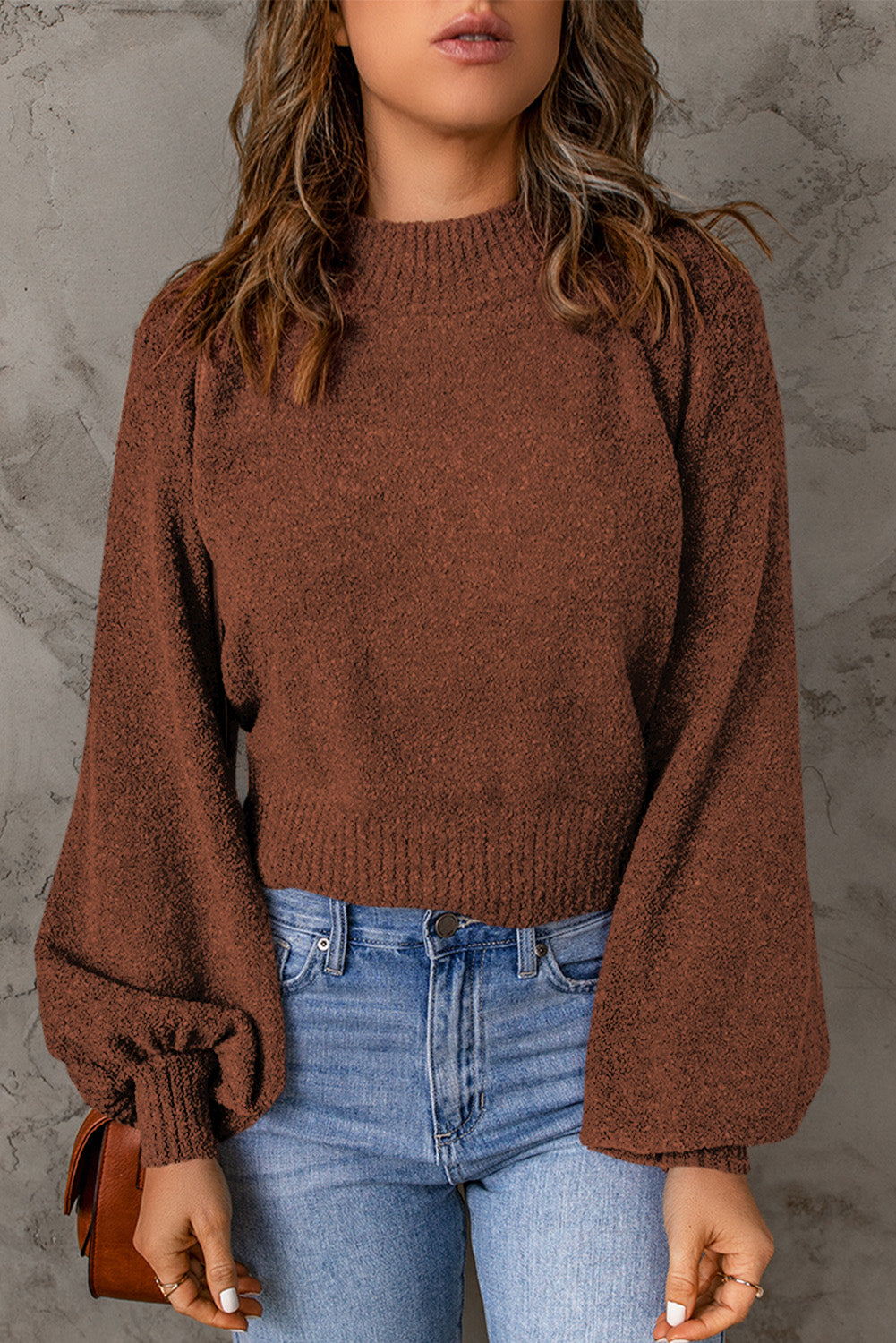 Ribbed Trim Balloon Sleeve Sweater - Pahabu - Women's Clothing & Shop