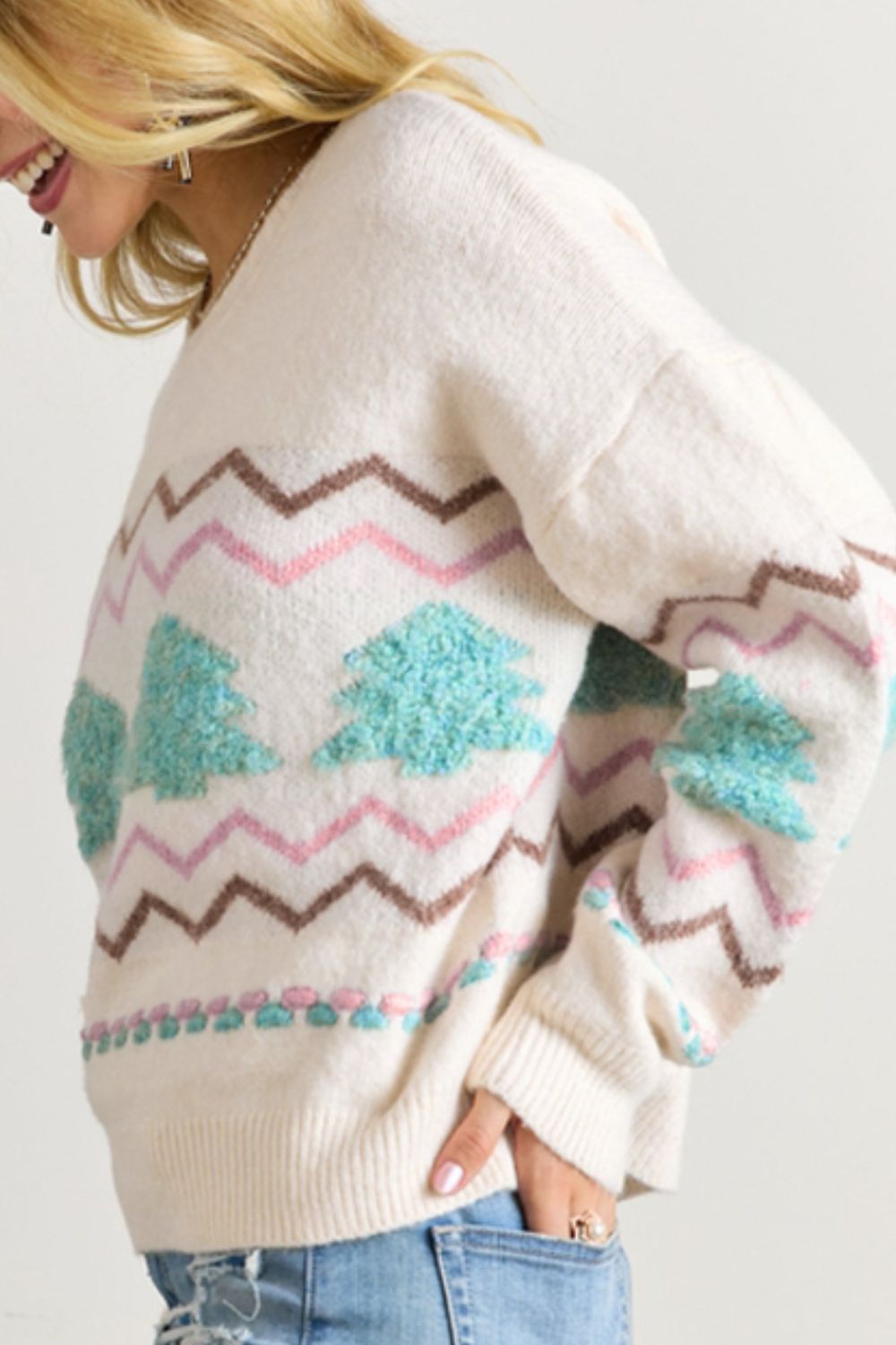 Christmas Tree Ribbed Hem Dropped Shoulder Sweater - Pahabu - Women's Clothing & Shop