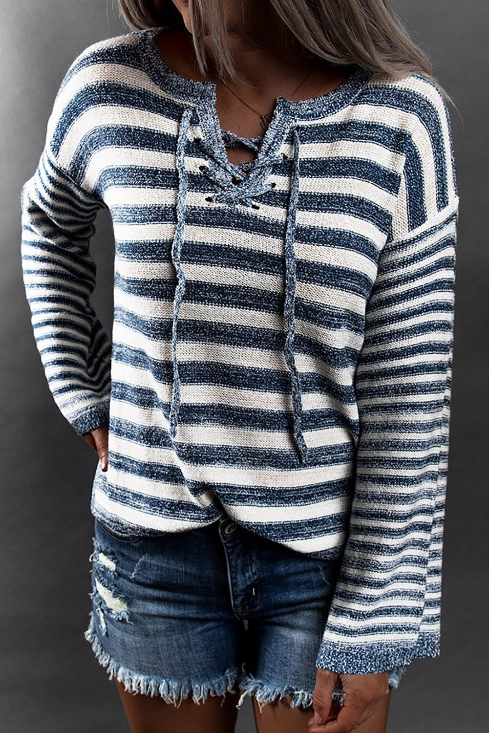 Striped Lace Up Bell Sleeve Sweater - Pahabu - Women's Clothing & Shop