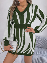 Animal Print V-Neck Long Sleeve Sweater Dress - Pahabu - Women's Clothing & Shop