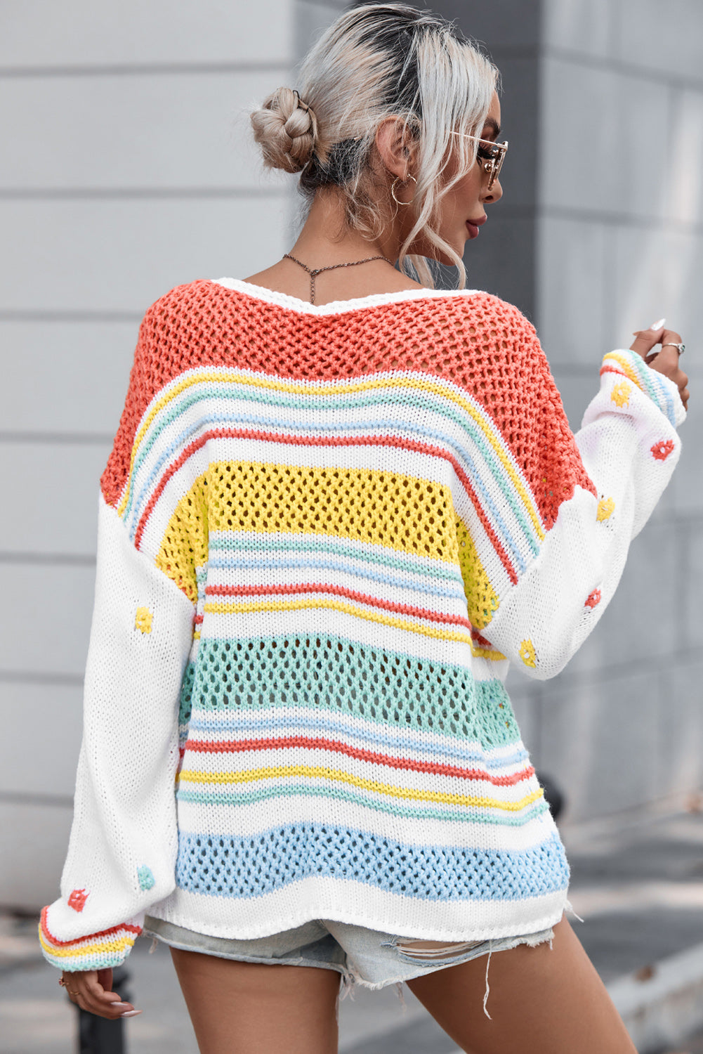 Openwork Striped Round Neck Long Sleeve Sweater - Pahabu - Women's Clothing & Shop