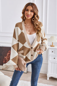 Geometric Lantern Sleeve Cardigan with Pockets - Pahabu - Women's Clothing & Shop