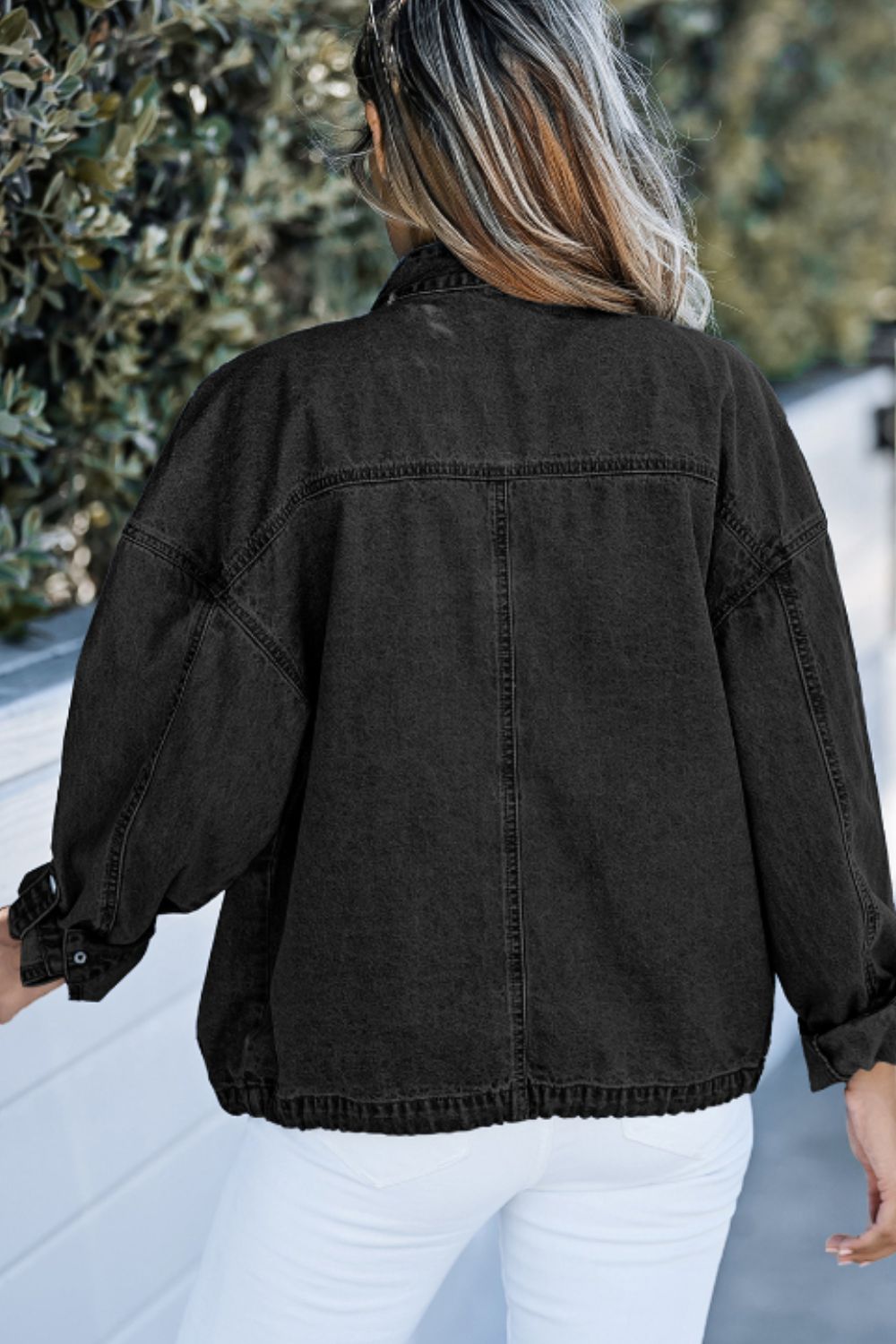 Drawstring Snap Down Denim Jacket with Chest Pockets - Pahabu - Women's Clothing & Shop