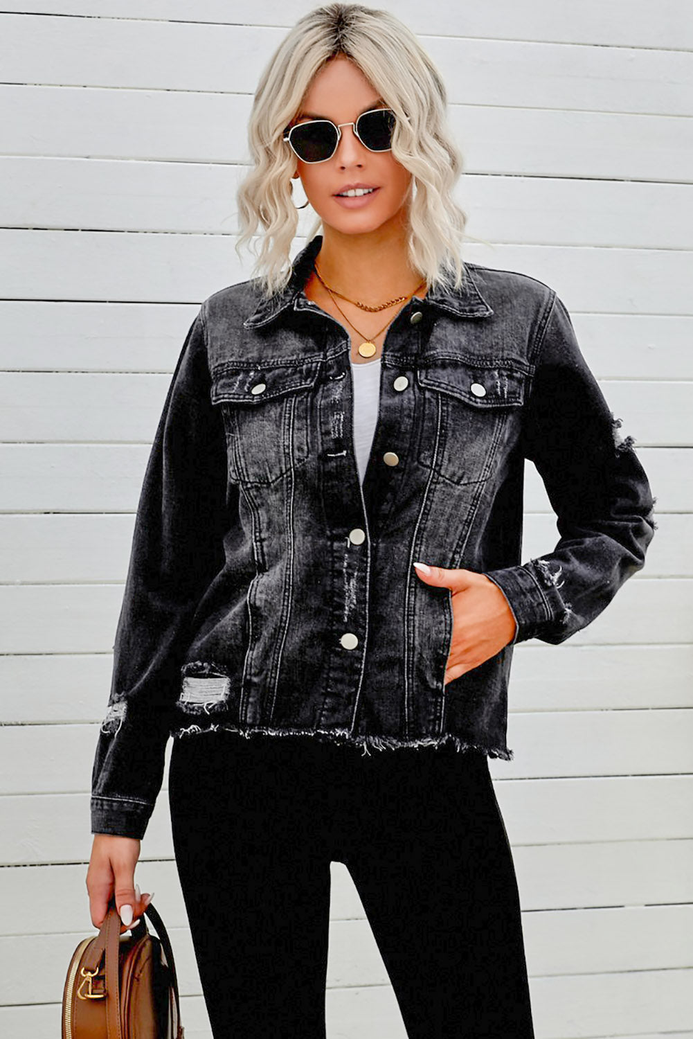 Distressed Raw Hem Denim Jacket - Pahabu - Women's Clothing & Shop