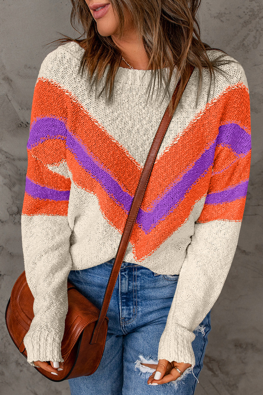 Contrast Round Neck Dropped Shoulder Sweater - Pahabu - Women's Clothing & Shop