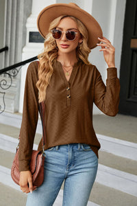 Notched Neck Long Sleeve Buttoned Blouse - Pahabu - Women's Clothing & Shop