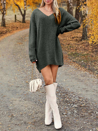 V-Neck Dropped Shoulder Sweater Dress - Pahabu - Women's Clothing & Shop