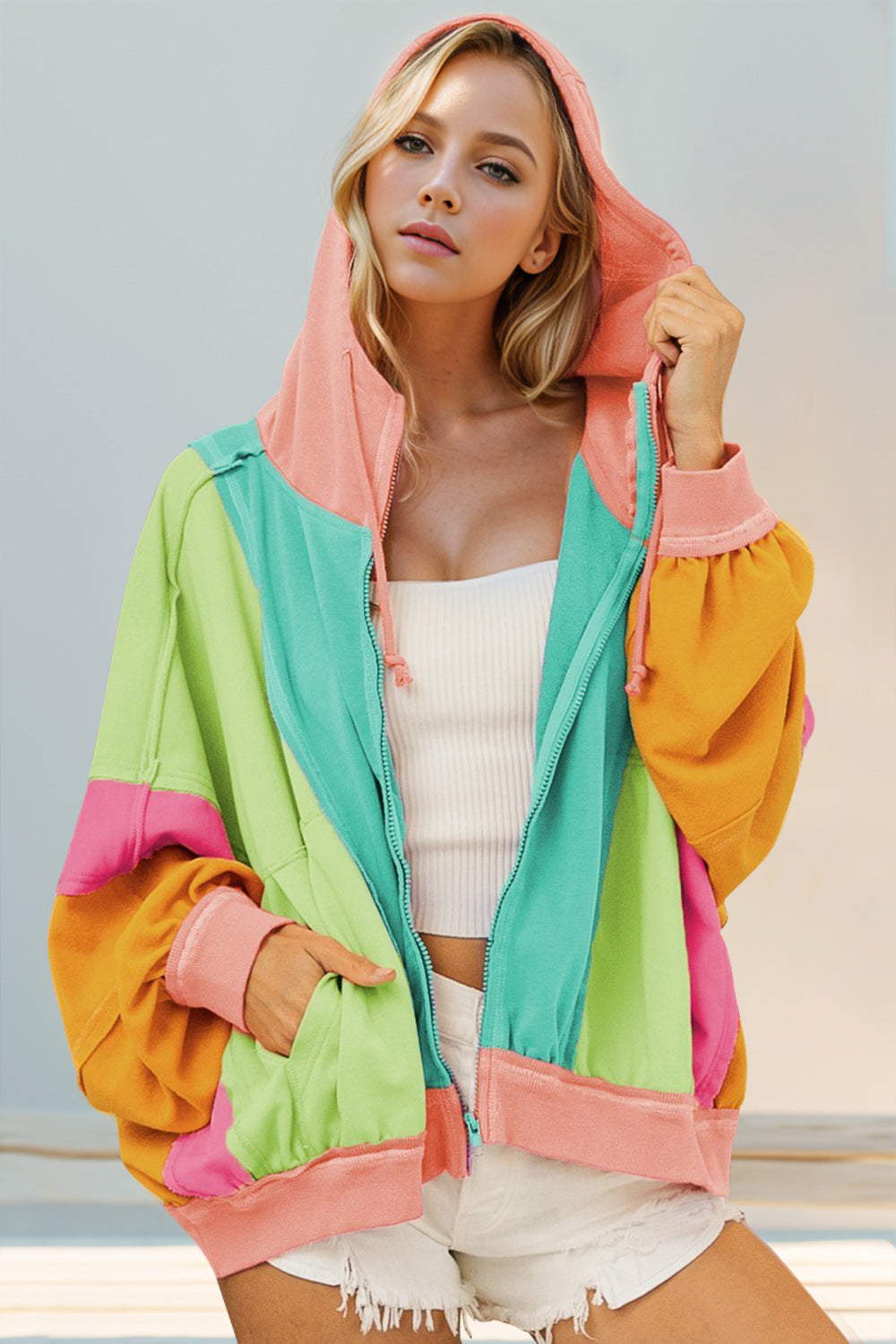 Double Take Full Size Color Block Zip Up Hoodie - Pahabu - Women's Clothing & Shop