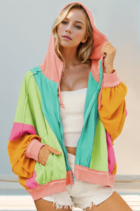 Double Take Full Size Color Block Zip Up Hoodie - Pahabu - Women's Clothing & Shop