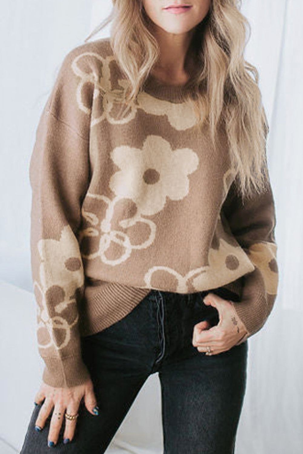 Flower Round Neck Dropped Shoulder Sweater - Pahabu - Women's Clothing & Shop