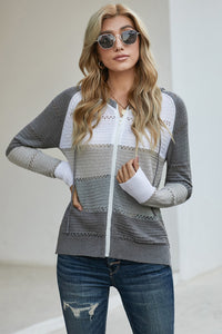 Zip-Up Raglan Sleeve Openwork Hooded Cardigan - Pahabu - Women's Clothing & Shop
