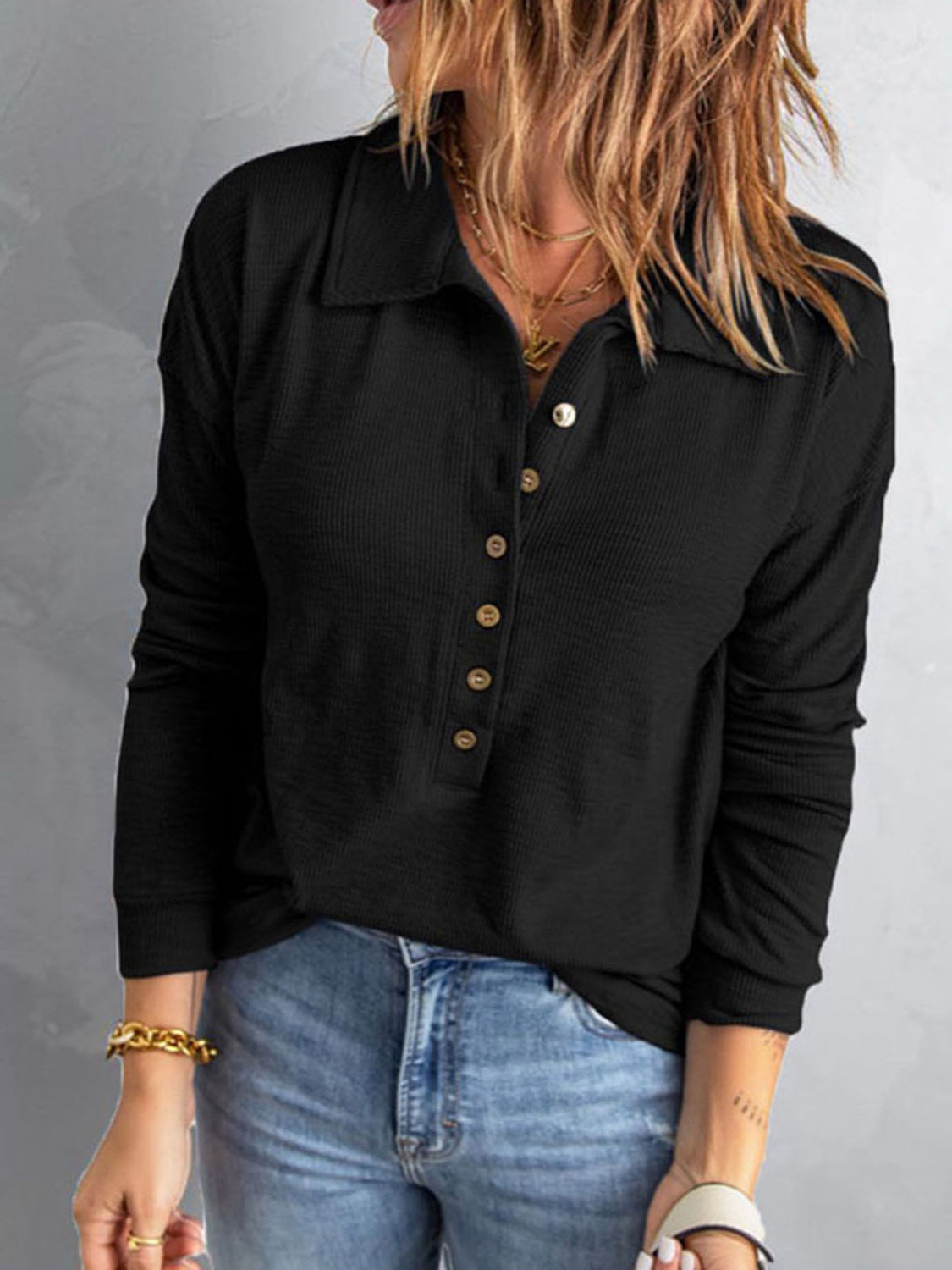 Collared Neck Half Button Top - Pahabu - Women's Clothing & Shop