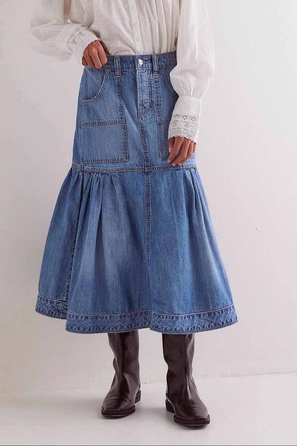 Midi Denim Skirt with Pockets - Pahabu - Women's Clothing & Shop