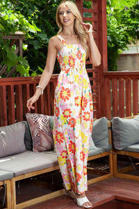 Floral Square Neck Smocked Wide Leg Jumpsuit - Pahabu