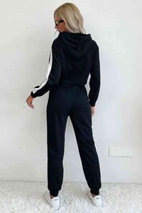 Side Stripe Cropped Hoodie and Jogger Set - Pahabu