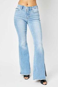 Judy Blue Full Size Mid Rise Raw Hem Slit Flare Jeans - Pahabu
