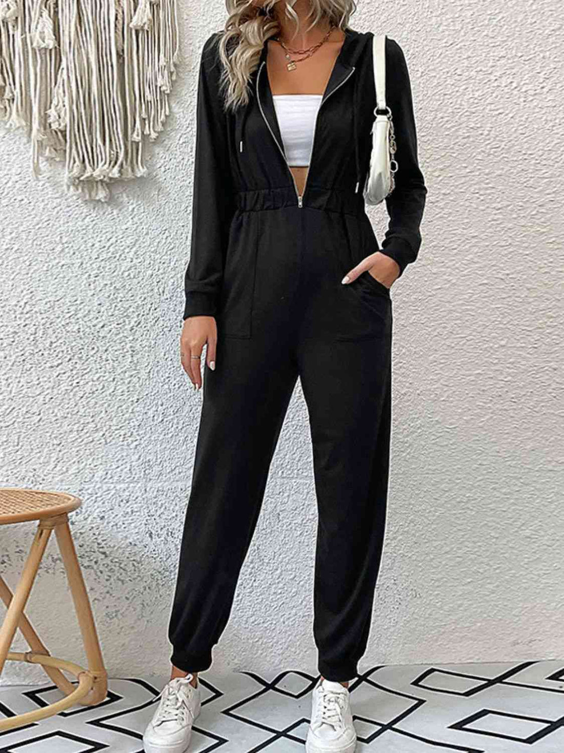 Zip Up Elastic Waist Hooded Jogger Jumpsuit - Pahabu