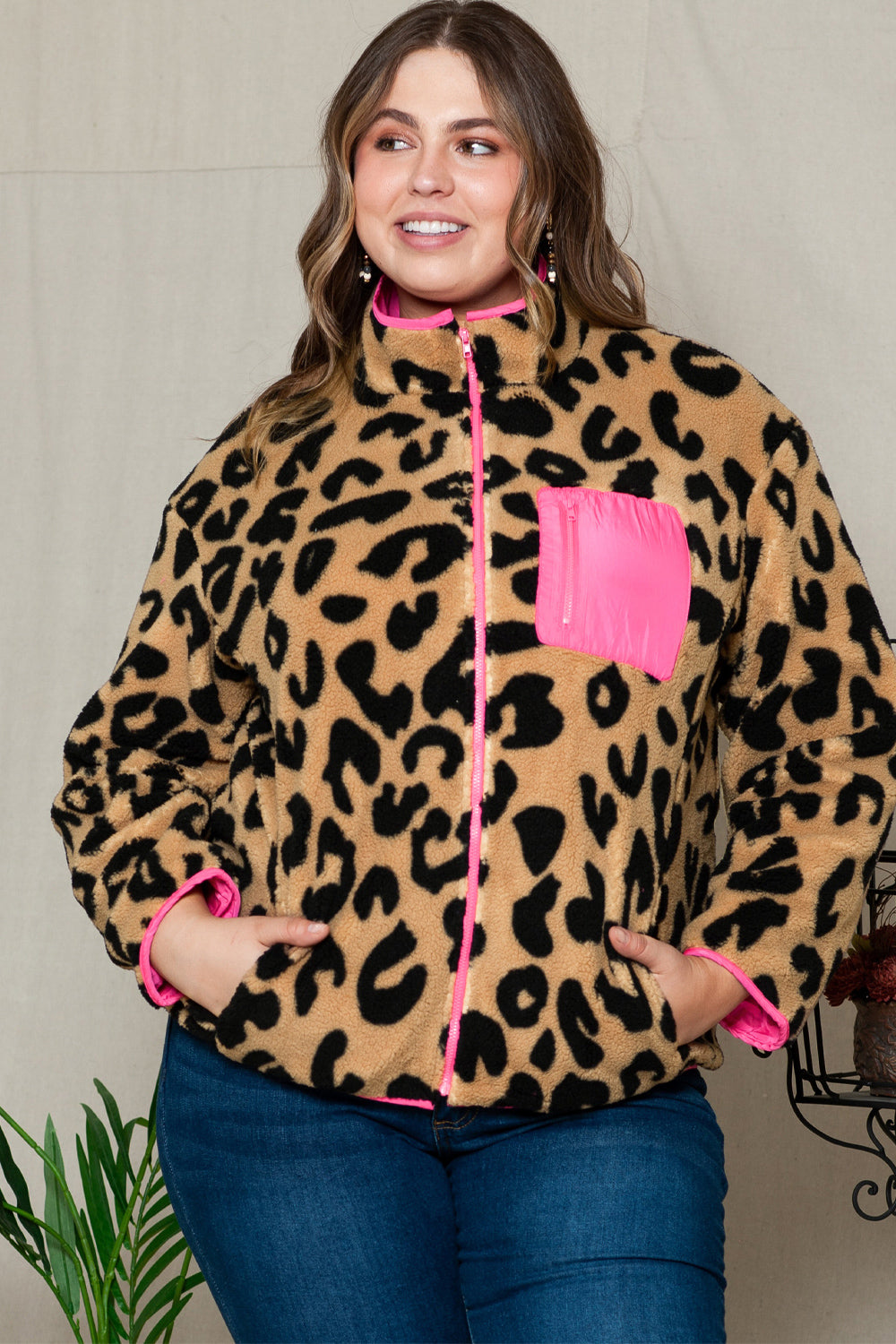 Plus Size Leopard Zip Up Jacket with Pockets - Pahabu - Women Fashion & Jewelry