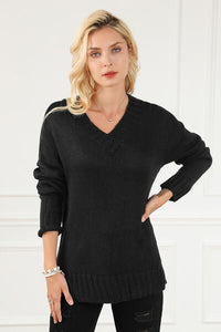 V-Neck Dropped Shoulder Sweater - Pahabu