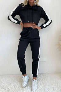 Side Stripe Cropped Hoodie and Jogger Set - Pahabu