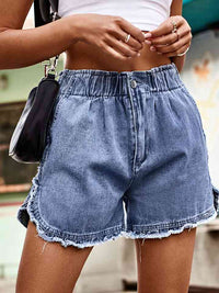 Raw Hem Elastic Waist Denim Shorts - Pahabu