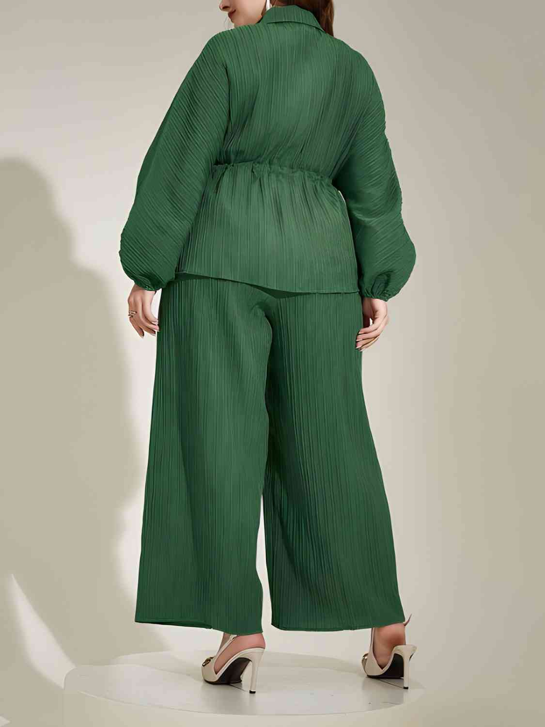 Plus Size Collared Neck Buttoned Top and Wide Leg Pants Set - Pahabu