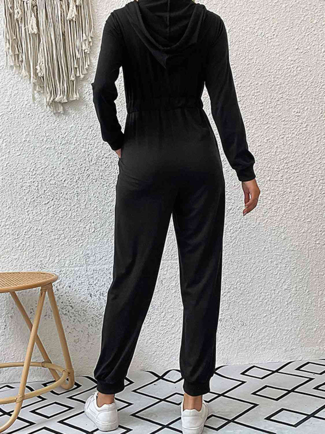 Zip Up Elastic Waist Hooded Jogger Jumpsuit - Pahabu