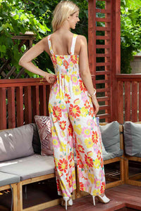 Floral Square Neck Smocked Wide Leg Jumpsuit - Pahabu