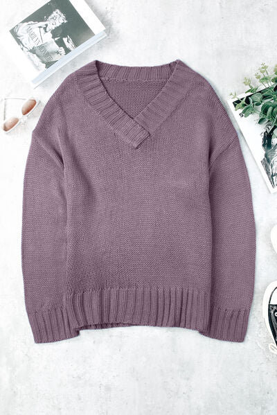 V-Neck Dropped Shoulder Sweater - Pahabu