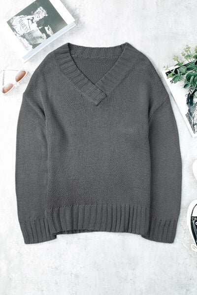 V-Neck Dropped Shoulder Sweater - Pahabu