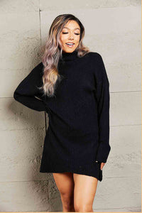 Double Take Rib-Knit Turtleneck Drop Shoulder Sweater Dress