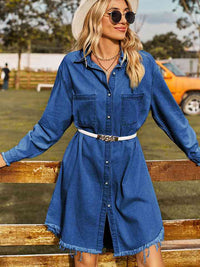 Raw Hem Collared Denim Dress - Pahabu