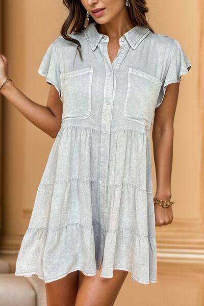 Button Up Cap Sleeve Denim Dress - Pahabu