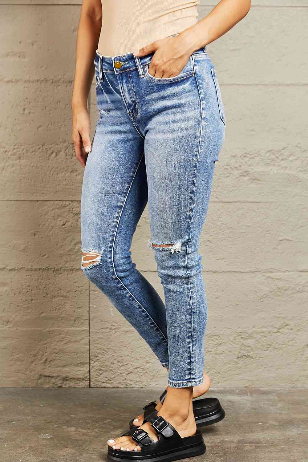 BAYEAS Mid Rise Distressed Skinny Jeans - Pahabu