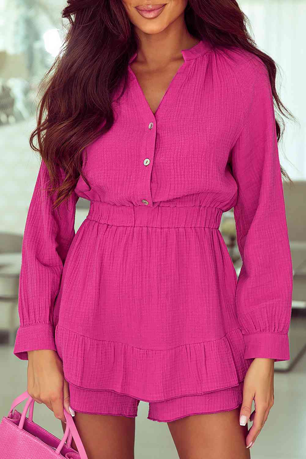 Buttoned Notched Neck Long Sleeve Romper - Pahabu